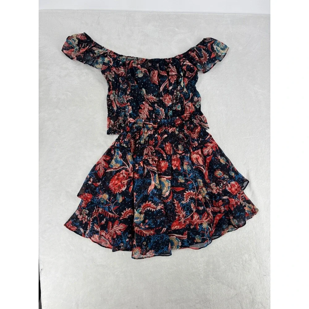 Express 2 Piece Set Womens S/XS Navy Floral Smocked Crop Top Tiered Skirt Boho‎